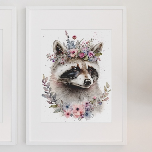 Cute Floral Raccoon Watercolor Wall Art Illustration Print Poster Unframed - Picture 6 of 6